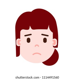 girl head emoji with facial emotions, avatar character, woman grieved face with different female emotions concept. flat design.