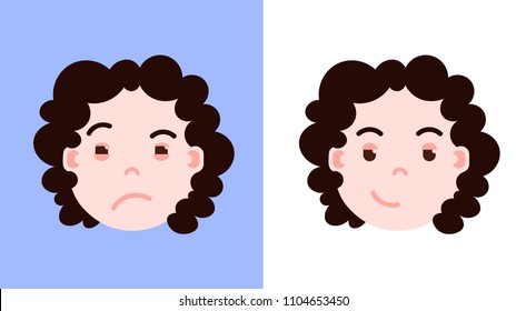 girl head emoji personage icon with facial emotions, avatar character, woman cunning face with different female emotions concept. flat design.