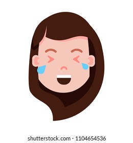 girl head emoji personage icon with facial emotions, avatar character, woman happy crying face with different female emotions concept. flat design.