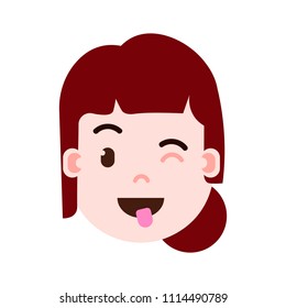 girl head emoji personage icon with facial emotions, avatar character, woman show tongue face with different female emotions concept. flat design.