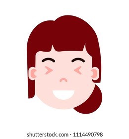 girl head emoji personage icon with facial emotions, avatar character, woman satisfied face with different female emotions concept. flat design.