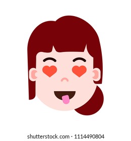 girl head emoji personage icon with facial emotions, avatar character, woman heart in eyes face with different female emotions concept. flat design.