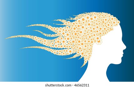 Girl head with flower hair.