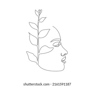 Girl head flower one line art illustration.