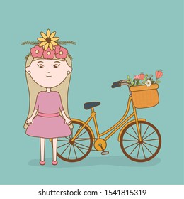 girl with head flowers and bicycle with basket cartoon vector illustration