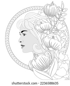 Girl head with flowers, leaves and round frame for coloring book. Vector illustration