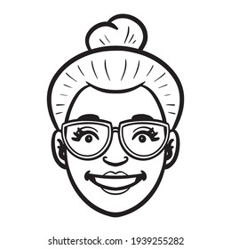 girl head with glasses and bun. emotion, avatar, comic, monochrome.