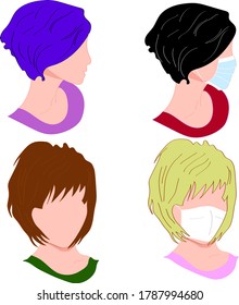 Girl head with medical mask Set of illustrations in flat design style. Isolated vector images on a white background