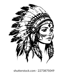 girl head with native american indian chief accessories logo hand drawn illustration