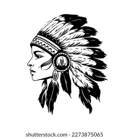 girl head with native american indian chief accessories logo hand drawn illustration