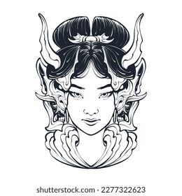 girl head with oni mask line art illustration