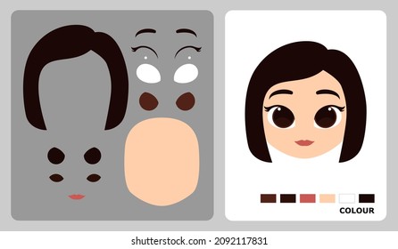 Girl head pattern for kids crafts or paper crafts. Vector illustration of girl head puzzle. cut and glue patterns for children's crafts.