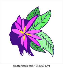 Girl head profile with exotic flower and leaves beauty salon graphic symbol, print for clothes, t-shirt. Vector line logo with a female head with flowers.