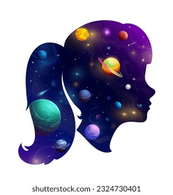 Silueta de cabeza de niña con espacio de galaxia de dibujos animados. Exposición doble. Encantadora representación de la cara femenina vectorial con fascinante belleza del cosmos con estrellas, planetas, nebulosas y cometas dentro de su cabeza