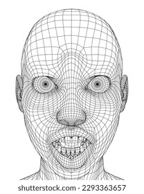 Girl head wireframe with surprised facial expression from black lines isolated on white background. 3D. Vector illustration.