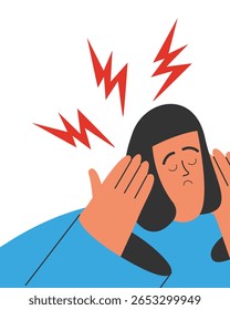 Dor de cabeça feminina, perda de memória e demência, doença de Alzheimer, conceito de dano cerebral. Homem triste sofre de enxaqueca, confusão, perda de memória, demência, diminuição da função cerebral e mental. Vetor plano.