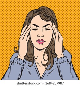 Girl with a headache. Pop art retro illustration comic Style Vector.