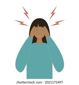 Girl with a headache. Sad woman touches her whiskey with her hands and suffers from migraine. 