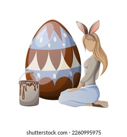 A girl in a headband with bunny ears sits near a large decorated Easter egg. Next to a bucket of paint. Vector illustration of a faceless character. Isolated background.