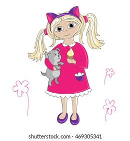 Girl in a Headband with Cat Ears, with Ice cream and Puppy. Vector Illustration for your Design