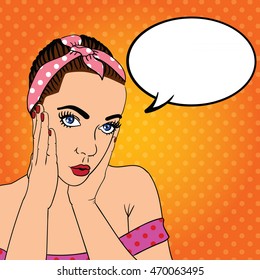 Girl with headband. Thinking bubble for your design. Pop art vector illustration.