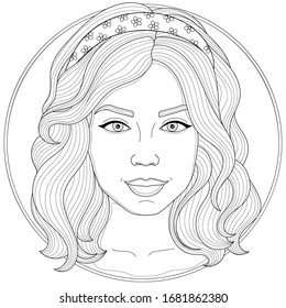 Girl with a headband.Coloring book antistress for children and adults. Illustration isolated on white background.Zen-tangle and doodle style. Black and white drawing