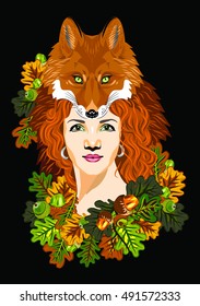 A girl in a headdress with a muzzle foxes in oak leaves