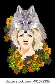 A girl in a headdress with a muzzle foxes in oak leaves