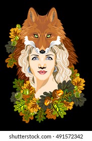 A girl in a headdress with a muzzle foxes in oak leaves