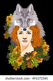A girl in a headdress with a muzzle foxes in oak leaves
