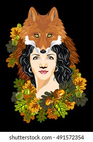 A girl in a headdress with a muzzle foxes in oak leaves