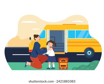 A girl is heading to school on a district pick-up bus, with her mother supporting her. Character design. Vector flat illustration