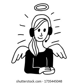 Girl in headphone with angel wings. Call center operator. Phone support concept. Vector illustration in doodle style.