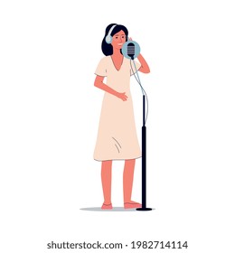 Girl in headphones in the audio recording studio. A woman sings or speaks into a microphone while recording track, performance or audiobook. Flat isolated vector illustration