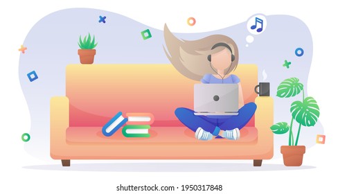 Girl in headphones with blond hair sitting in yellow armchair with laptop, notebook and books, plants in a pots and cup of coffee, tea. Vector illustration isolated on white background.