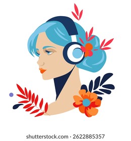 Girl with headphones and blue hair among flowers
