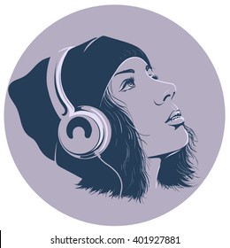 Girl with Headphones in a circle