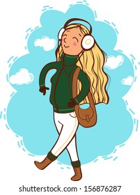 girl in headphones. cold weather