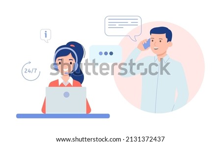 Girl in headphones communicates with client. Technical support for customers 24-7, telephone hotline for business.