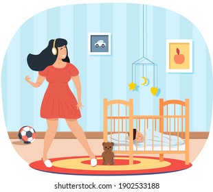 Girl with headphones dancing and singing. Person is listening to music. Female character performs songs. Musician imagines guitar in bedroom. Family rests at home. Mom sings to sleeping child