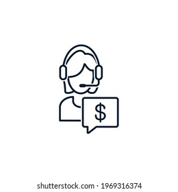 Girl in headphones, dollar. Call center service concept, brokerage agent, financial advisor. Vector icon isolated on white background.