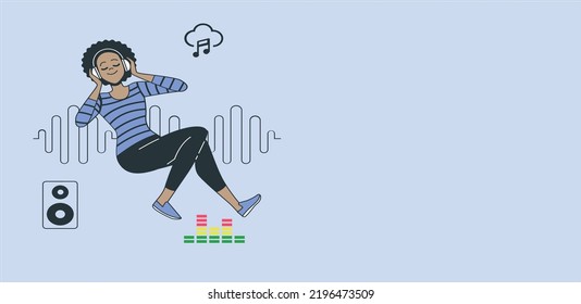 girl with headphones floating in the air. Woman listening music with earphones using mobile phone talking waving. woman wearing headphones listening to music and jumping. illustration vector