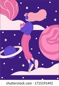 Girl in a headphones fly into space among pink planets and stars and holds a heart. Flat line illustration, card, banner