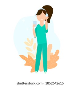 Girl in headphones with a gadget in hand. Call center and Support service and concept illustration. Vector illustration.