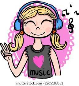 Girl in headphones. Illustration with a girl who loves music. Doodle style. Vector.