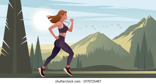 Girl in headphones jogging in a mountain park. Vector illustration for landing page mockup design or advertising banner.
