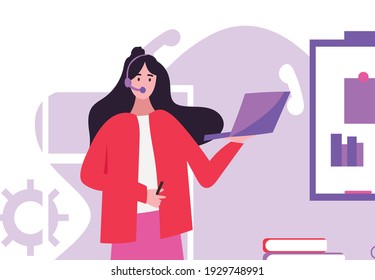 A girl with headphones and a laptop in her hands holds a conference, a presentation to colleagues. Business woman sums up work, working meeting