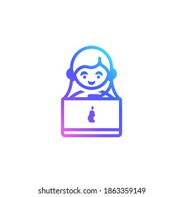 Girl with headphones and a laptop linear vector icon for freelance, online education, work at home. Trendy vibrant color gradient. Smiling female with a laptop computer isolated on white background.
