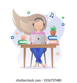 Girl in headphones with laptop, notebook, with blue jeans and sneakers, and with plant, books, succulent in a pot and cup of coffee, books on a table. Vector illustration isolated on white background.