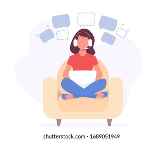 Girl with headphones, laptop on the chair. Freelance. studying concept. on the notebook, studying, browsing internet, chatting, blogging. Young woman working Cute illustration flat. Social distancing